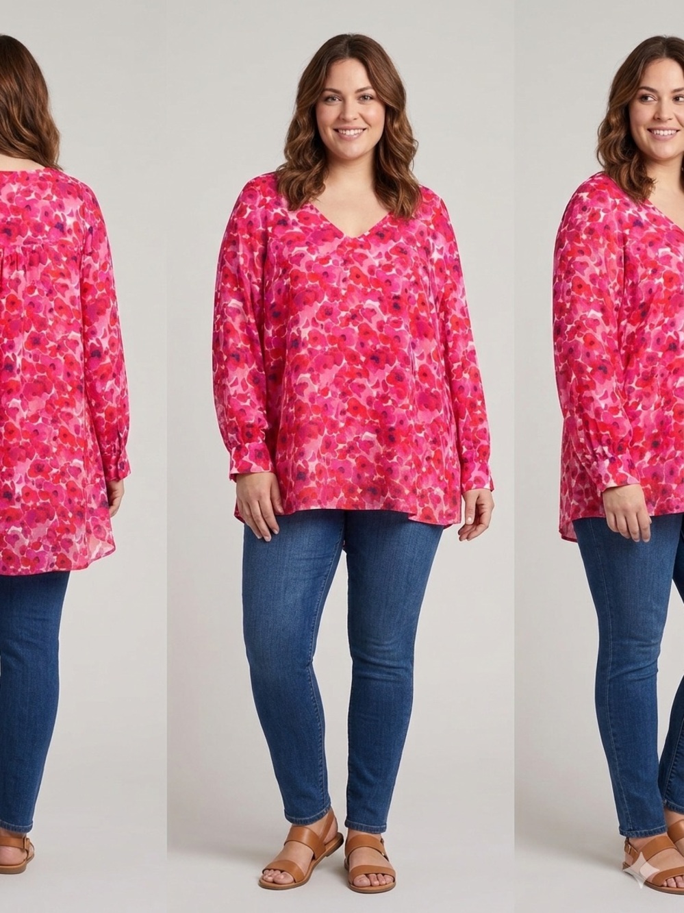 Laura Plus Size Pink Floral V-Neck Long Sleeve Tunic
